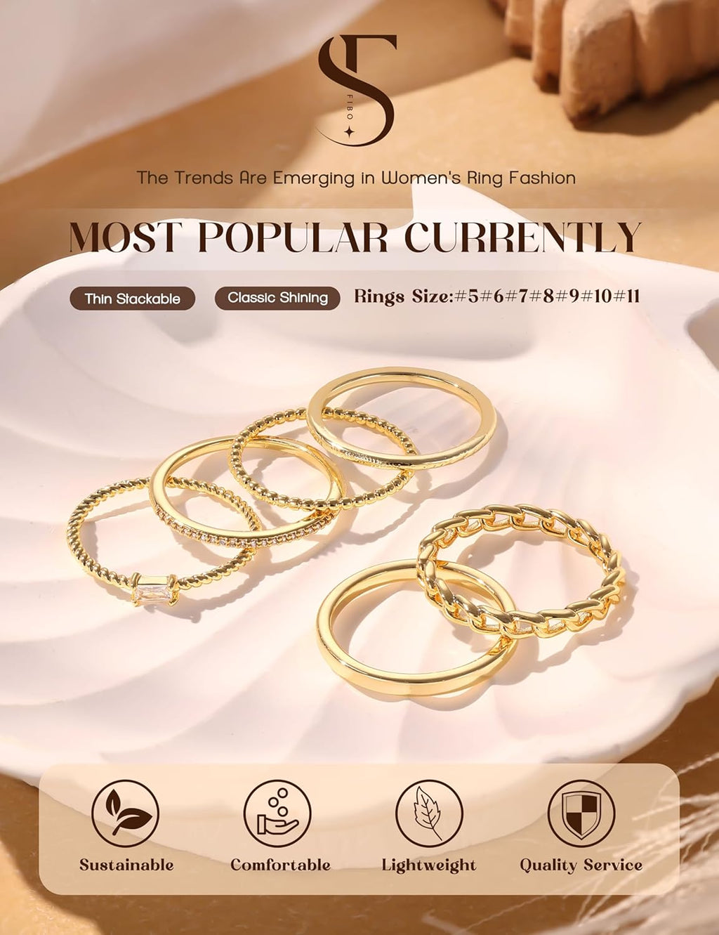6PCS Stackable Rings for Women Non Tarnish Waterproof Gold Plated Silver Color Square Cubic Zirconia Ring Set Dainty