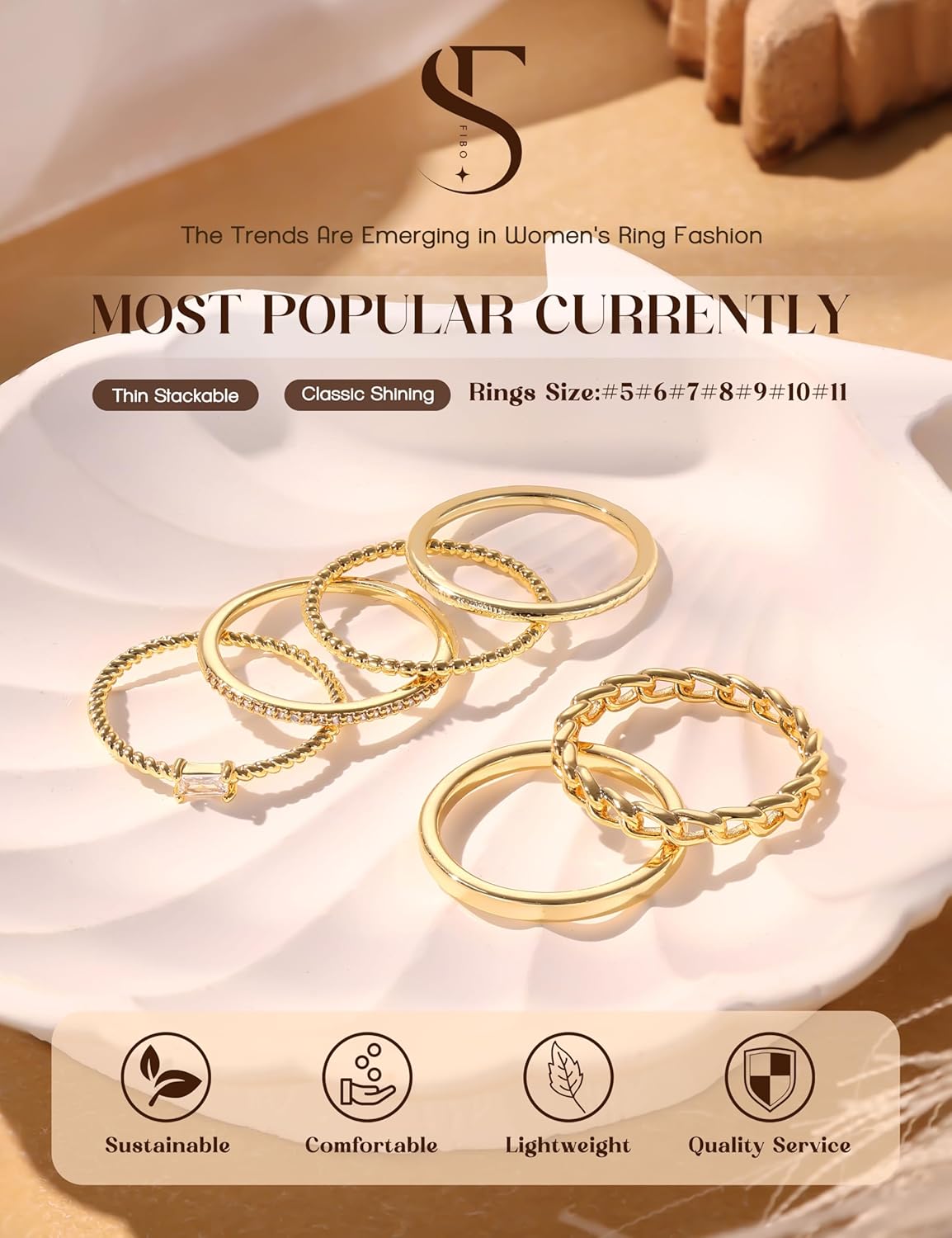 6PCS Stackable Rings for Women Non Tarnish Waterproof Gold Plated Silver Color Square Cubic Zirconia Ring Set Dainty