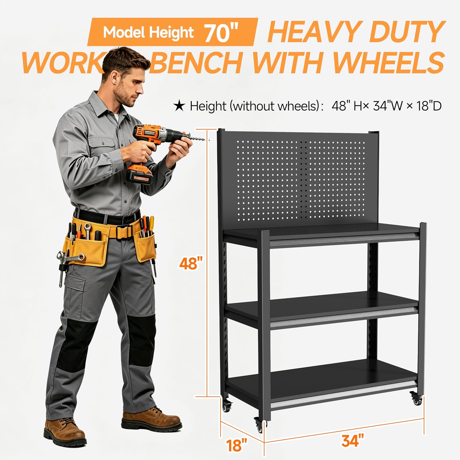 Metal Work Bench with Pegboard, 3 Adjustable Storage Shelves & 4 Lockable Rolling Wheels, Heavy Duty Rolling Garage