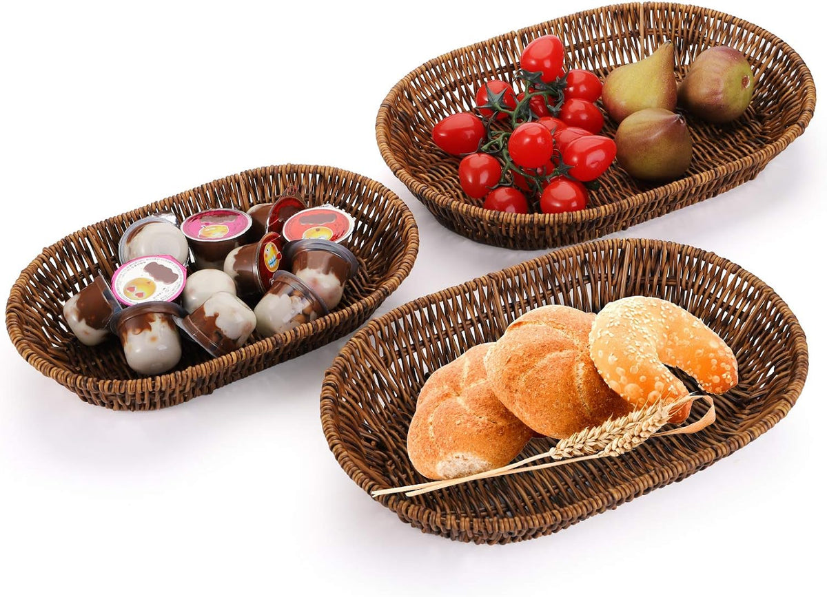 Set of 3 Wicker Baskets, Bread Baskets Sets, Tabletop Food Serving Baskets Trays, Handwoven Storage Basket Bin, Fruit