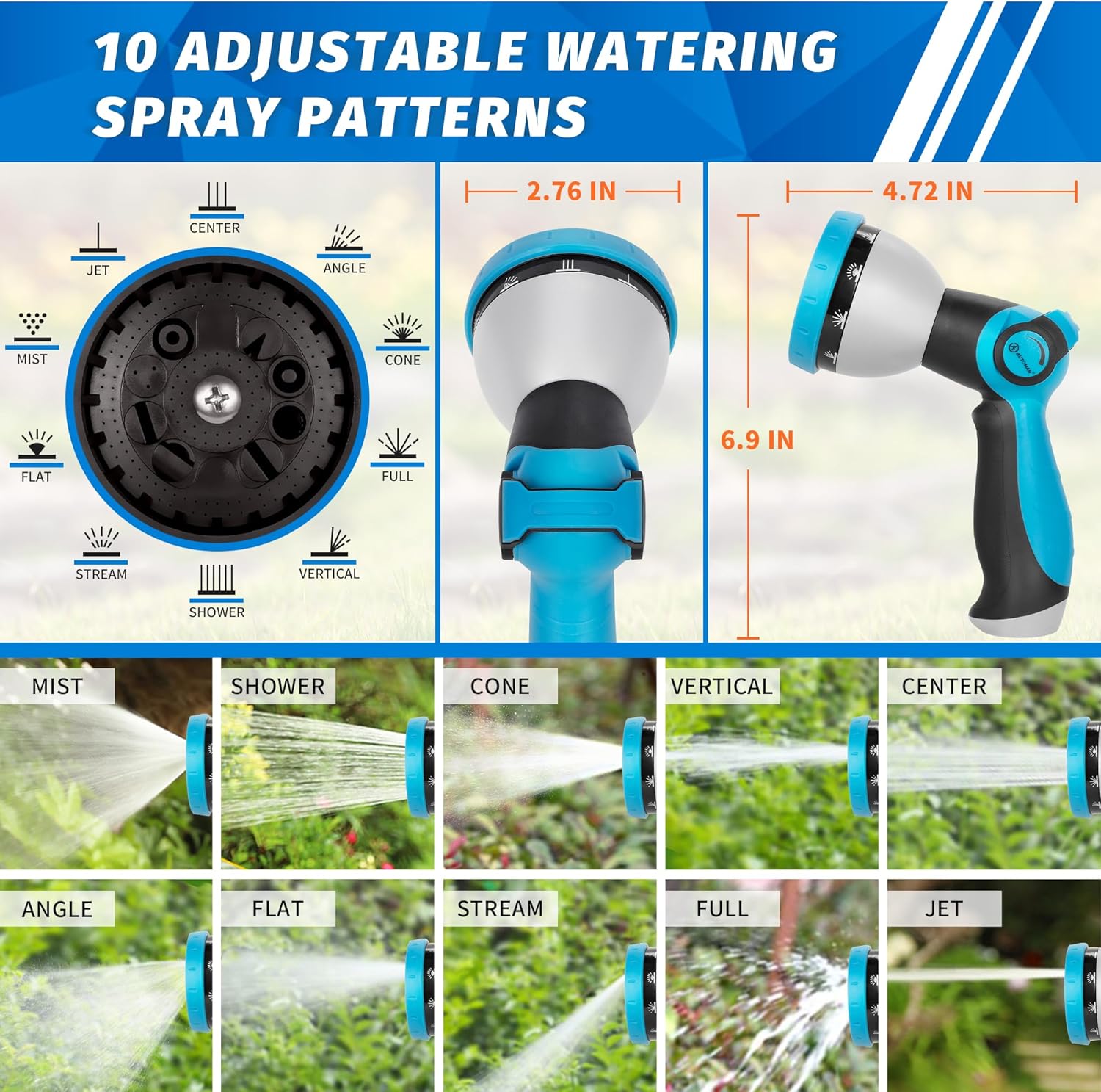 Garden Hose Nozzle - 10 Adjustable Spray Patterns, Thumb Flow Control Hose Sprayer, Water Hose Spray Nozzle for