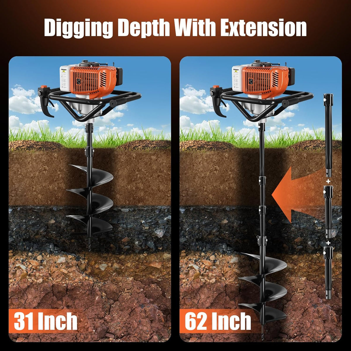 72cc Gas Powered Post Hole Digger, Earth Auger with 6" & 8" Drill Bits and 2 Extension Rods, Heavy Duty Earth Digger