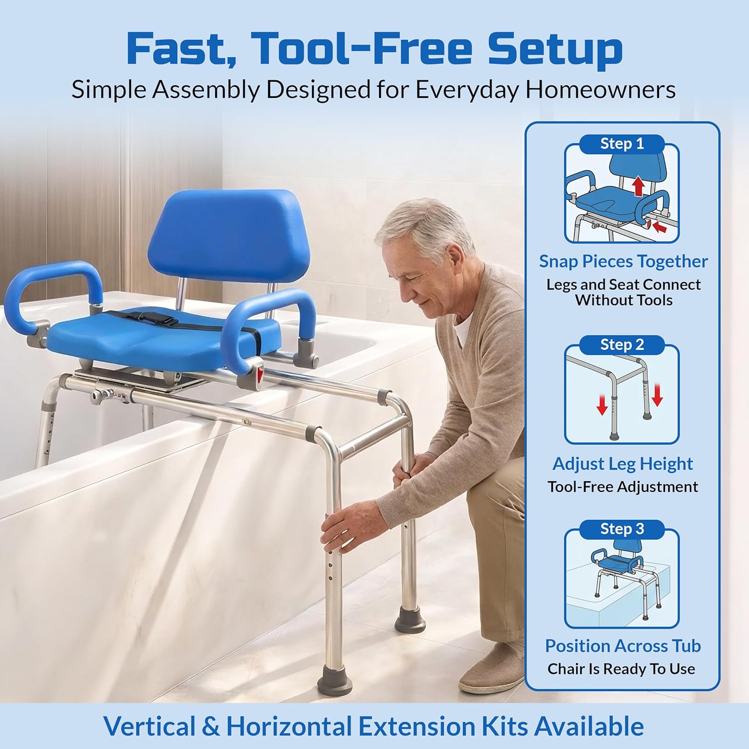 Carousel Sliding Shower Chair Tub Transfer Bench with Swivel Seat, Premium Padded, Pivoting Arms, Adjustable Space