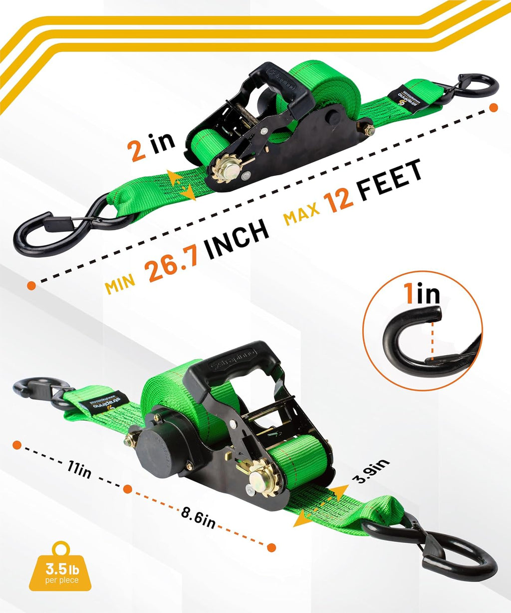 Retractable Ratchet Tie-Down Straps,5,000 lbs Breaking Strength- 2 in x 12 ft Heavy Duty Ratchet Strap with Safety