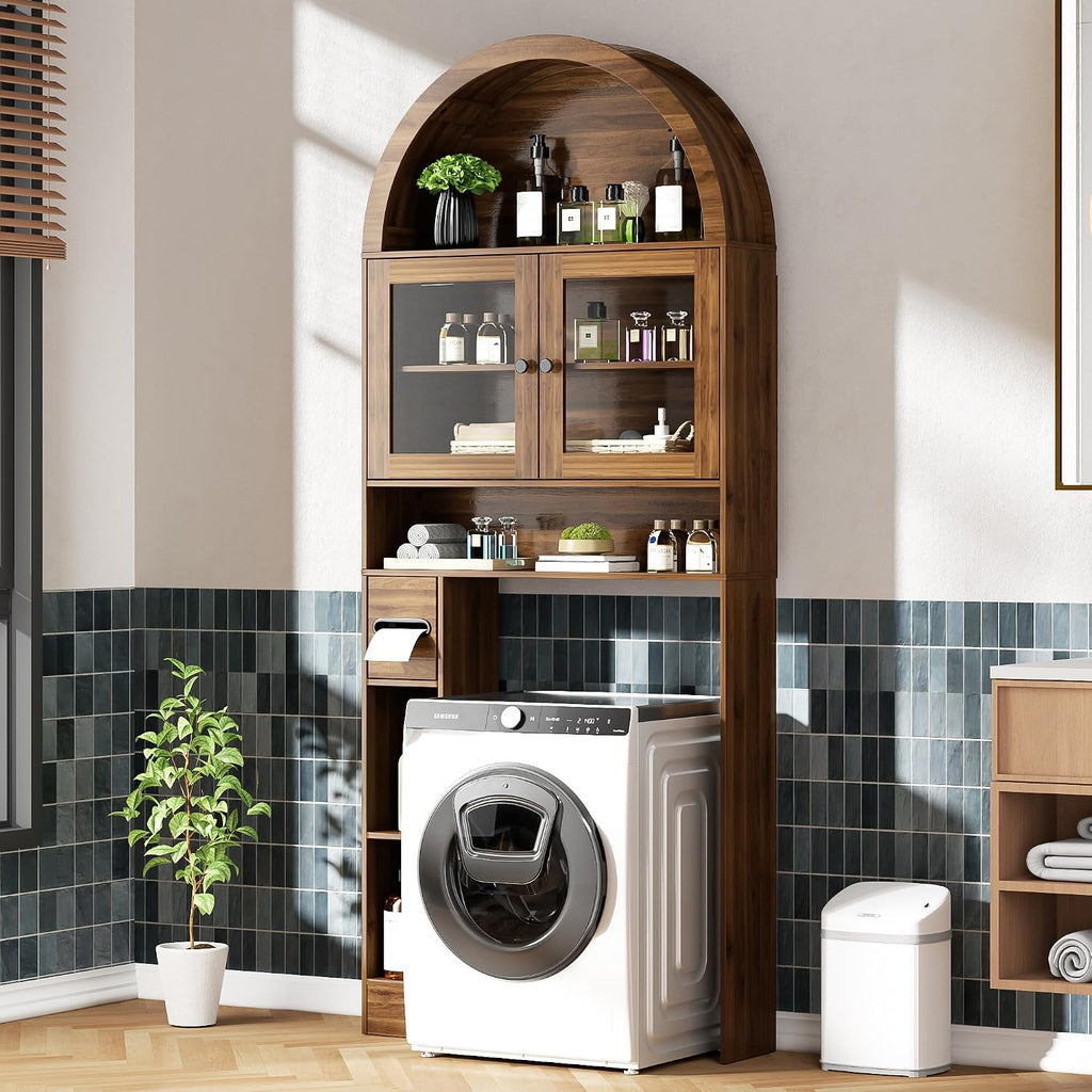 Arched Over The Toilet Storage Cabinet with Glass Doors, Above Toilet Bathroom Organizer, 4 Tier Bathroom Cabinet