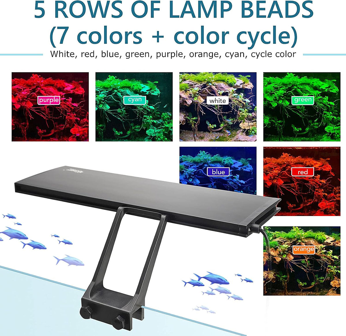 Clip On 24/7 Lighting Aquarium LED Light,Sunrise-Daylight-Moonlight and DIY Mode, Adjustable Timer/Brightness Fish