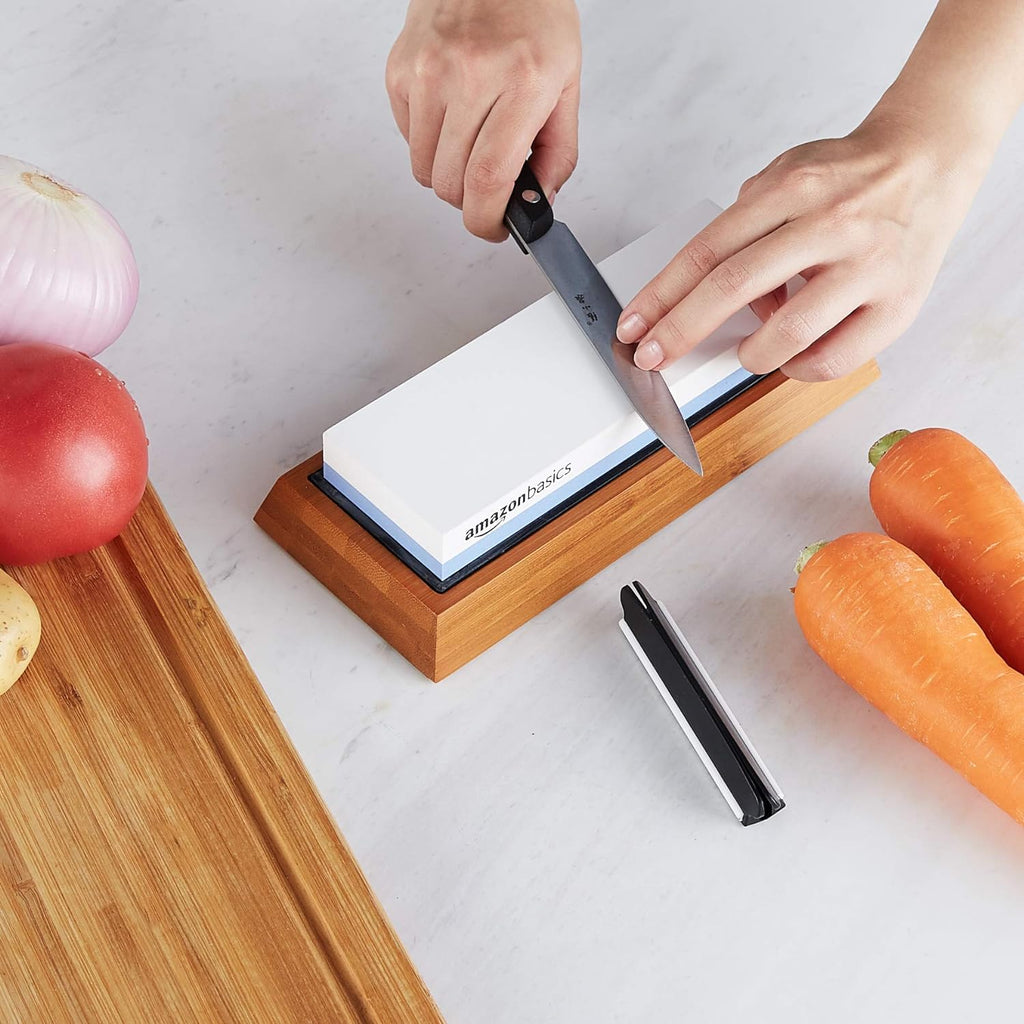 Whetstone Knife Sharpening Stone, Double-Sided 1000/6000 Grit with Angle Guide, Non-Slip Bamboo Base, Black & Grey
