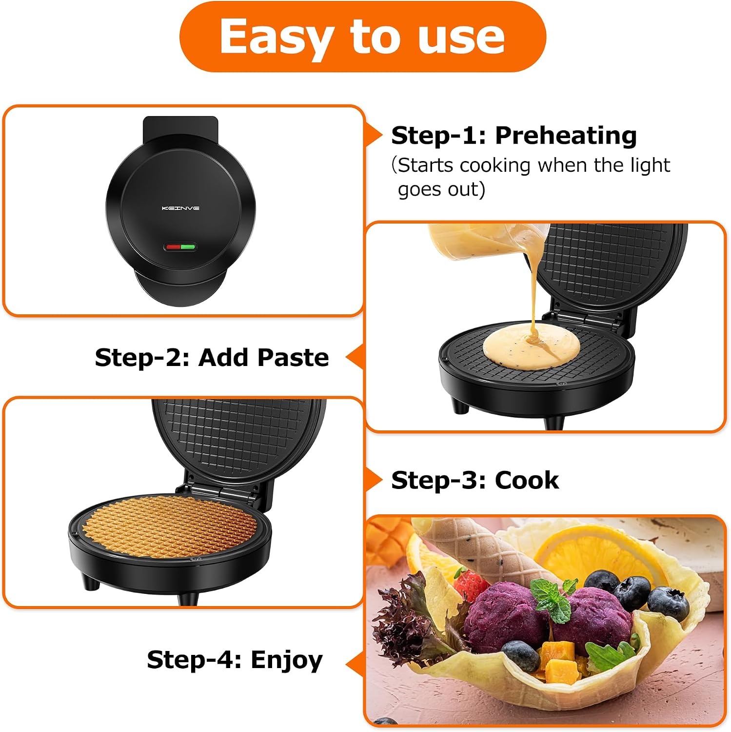 Waffle Cone Maker, 750W Thin Waffle Maker (Ice Cream Cone) with Shaper Roller, 7.08" Nonstick Plate