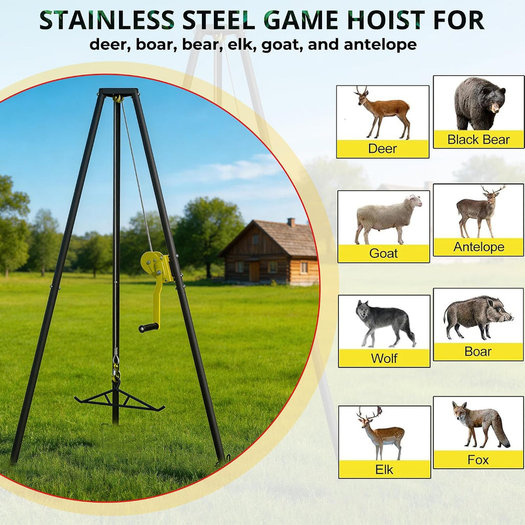 Deer Hoist,Tripod Game Stand with Gambrel and Manual Crank for Hanging Game,Portable Deer Hanger for