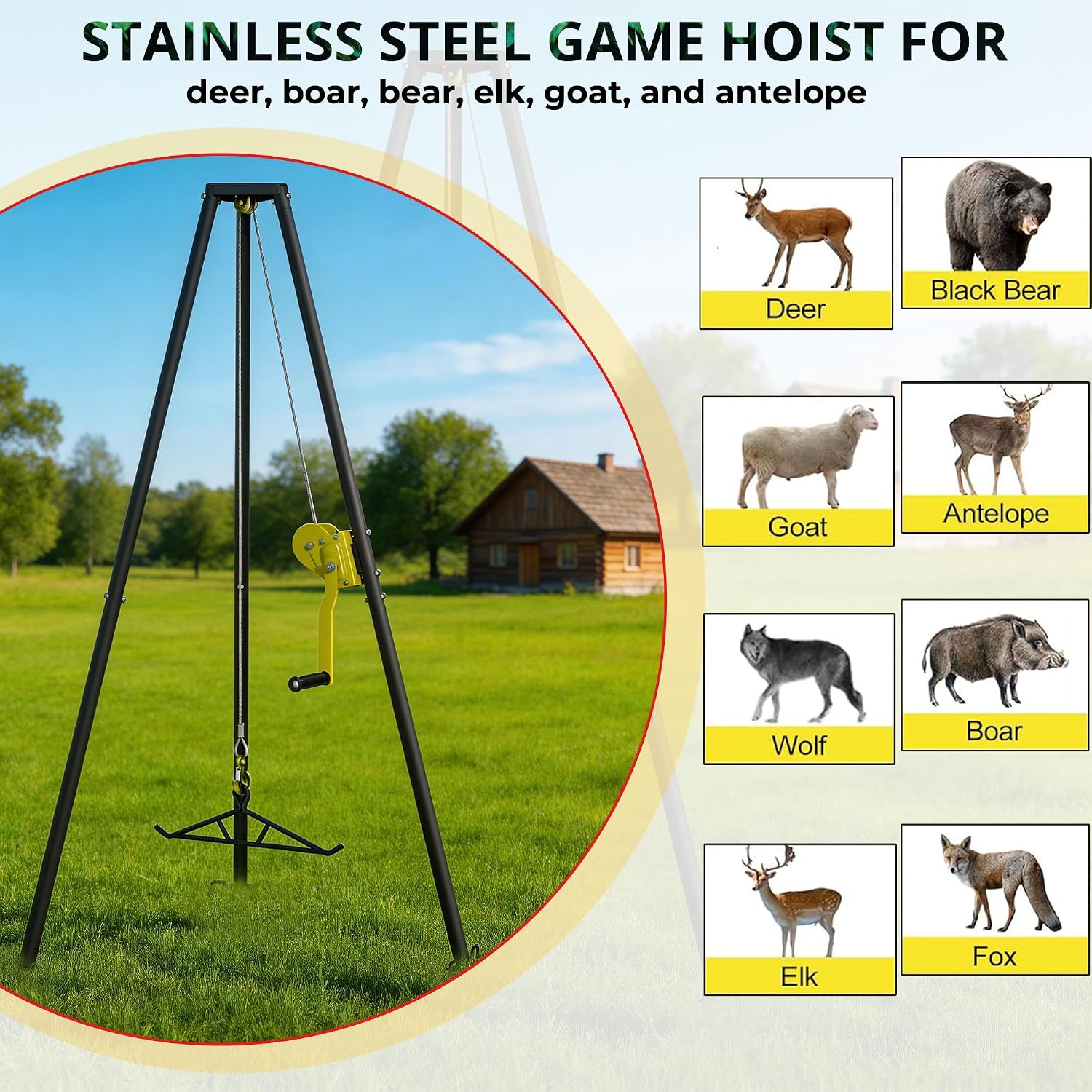 Deer Hoist,Tripod Game Stand with Gambrel and Manual Crank for Hanging Game,Portable Deer Hanger for
