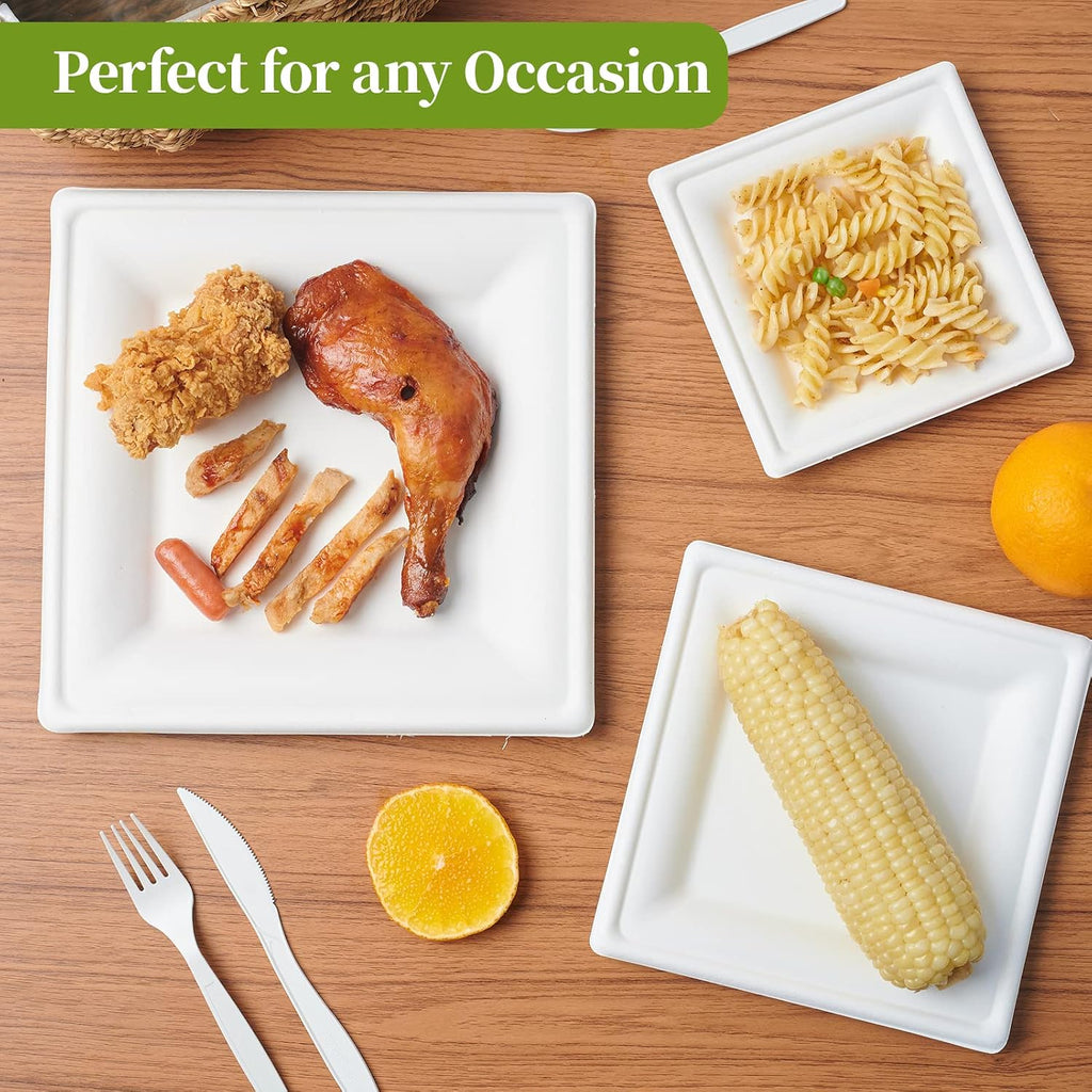 150 Piecs Compostable Square Paper Plates, 8 inch, White
