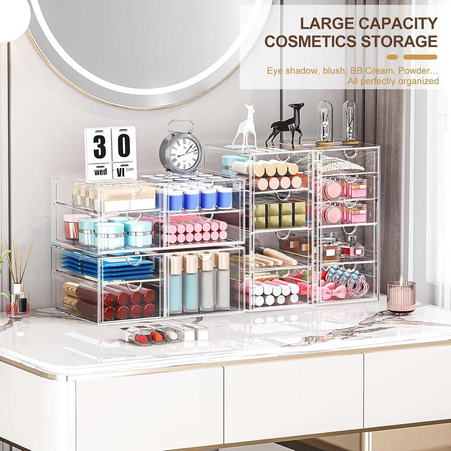 Makeup Organizer Storage With 16 Drawers, 4 Pcs Desktop Office Supplies, Desk Organizers, Clear Accessories