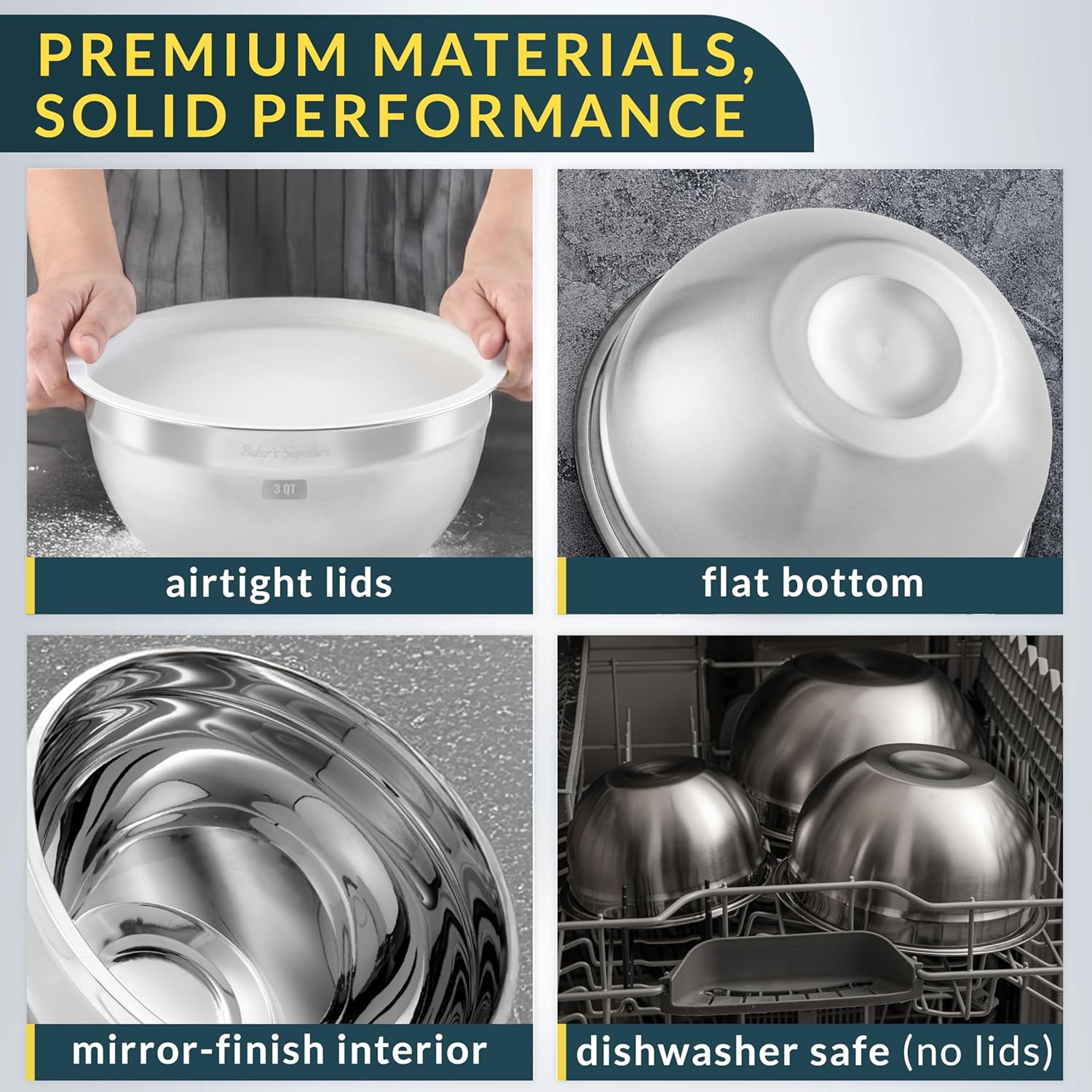 Stainless Steel Mixing Bowls With Lid, Metal Mixing Bowl Set Of 3, Nesting Set For Food Prep, Baking,Storage