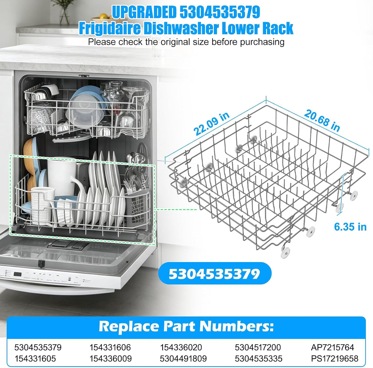 UPGRADE 5304535379 Dishwasher Lower Dishrack Compatible with Frigidaire Dishwasher Rack Replacement Parts,5304535379 154331605 FDB1050RES0 Frigidaire Kenmore Dishwasher Bottom Rack Parts with Wheels