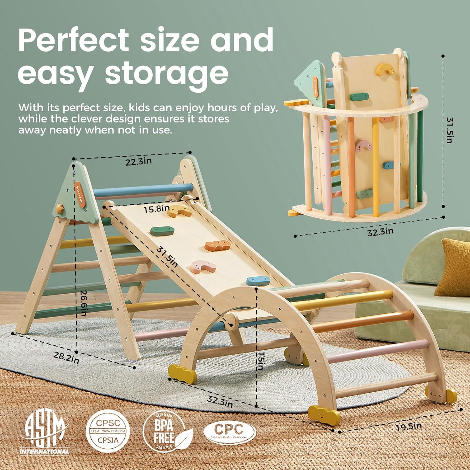 Pikler Triangle Set,7-in-1 Foldable Montessori Toddler Climbing Toys Indoor, Wooden Playground Jungle Gym for Kids