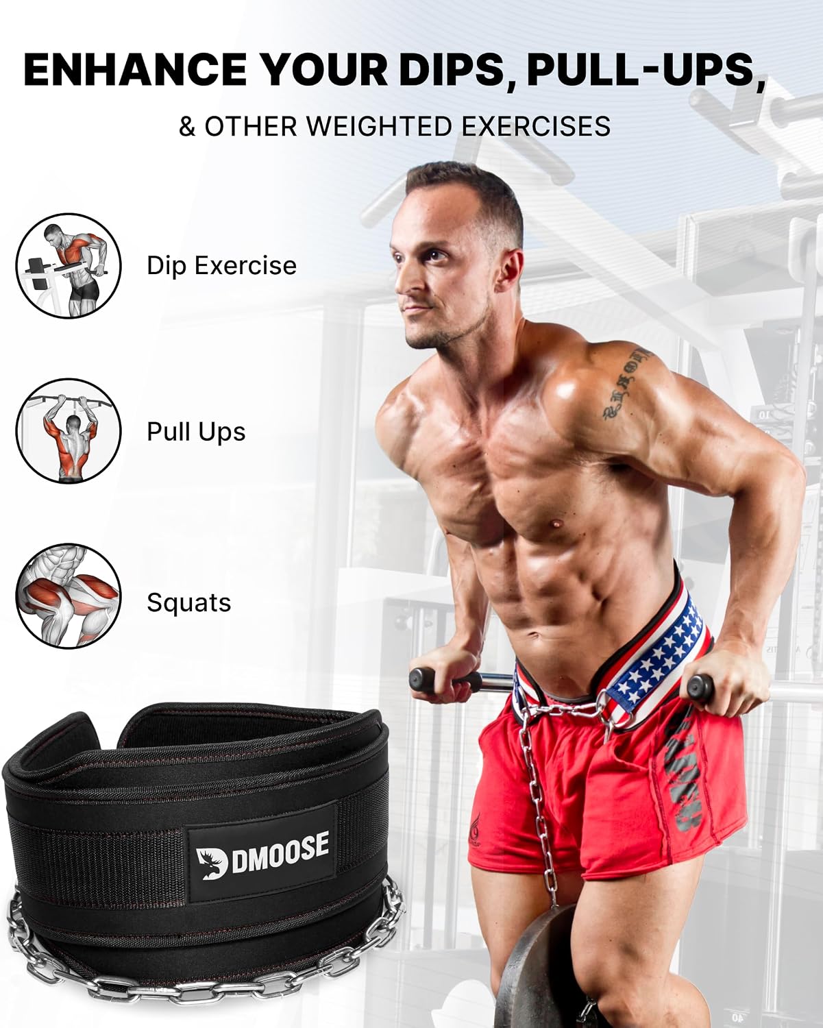 Dip Belt for Weight Lifting, Pullup, Squats & Dips - 36" Robust Steel Chain, Comfortable Neoprene Padding Supports