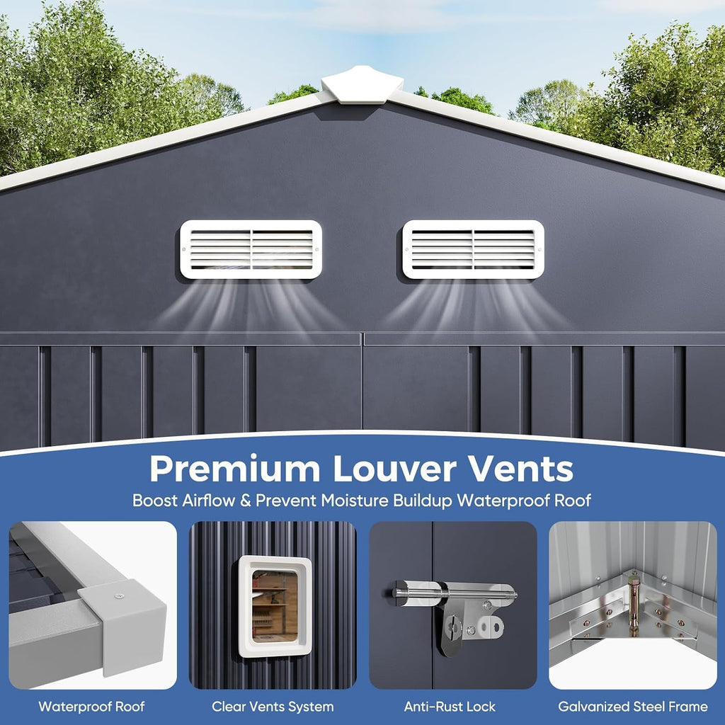 10x12 FT Metal Storage Shed with Reinforced Frame | 20‑Gauge Galvanized Metal Shed, Lockable Double Doors, Skylights