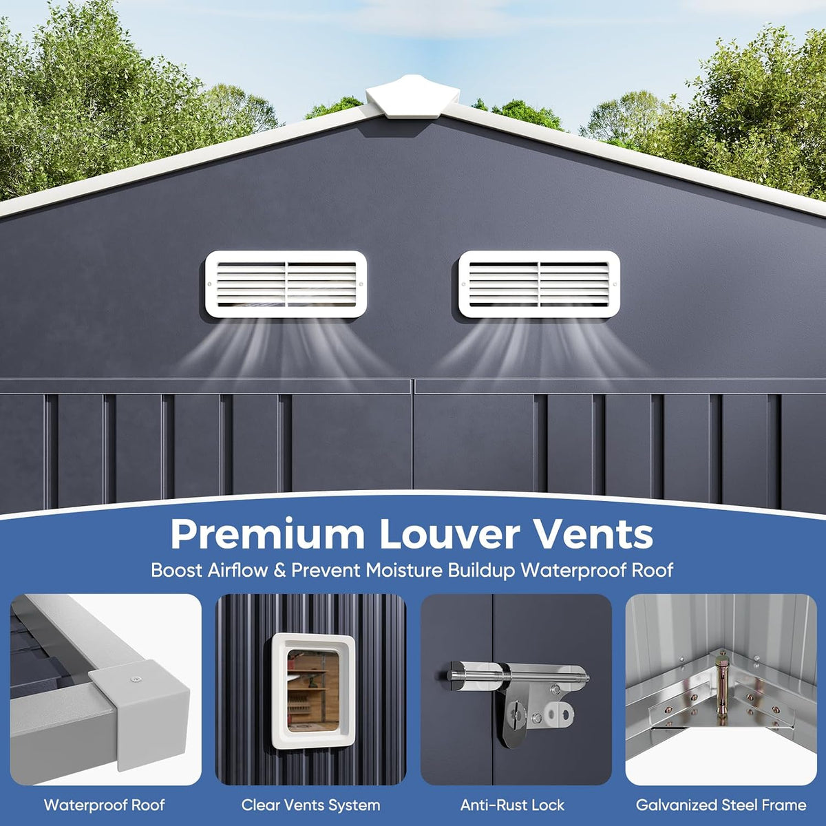 10x12 FT Metal Storage Shed with Reinforced Frame | 20‑Gauge Galvanized Metal Shed, Lockable Double Doors, Skylights