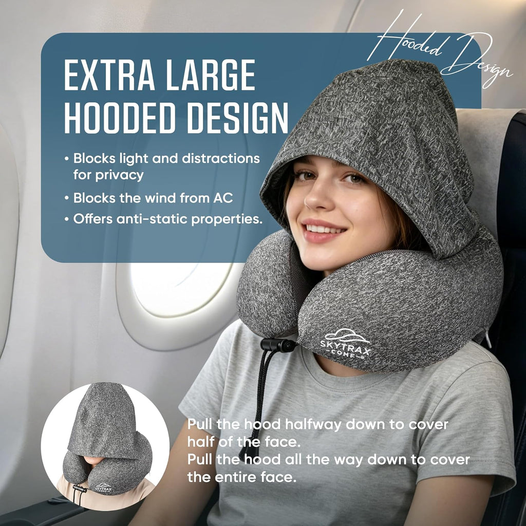 SkytraxComf Travel Neck Pillow with Hood for Privacy on Long Flights | Memory Foam | Airplane Sleep | Safety-Tested