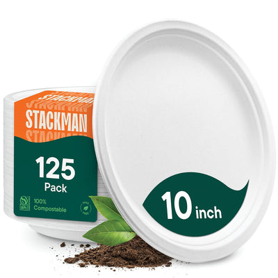 100% Compostable Disposable Paper Plates [125-Pack] - (PFAS-Free) - [10 Inch] Heavy Duty, Eco-Friendly, Biodegradable