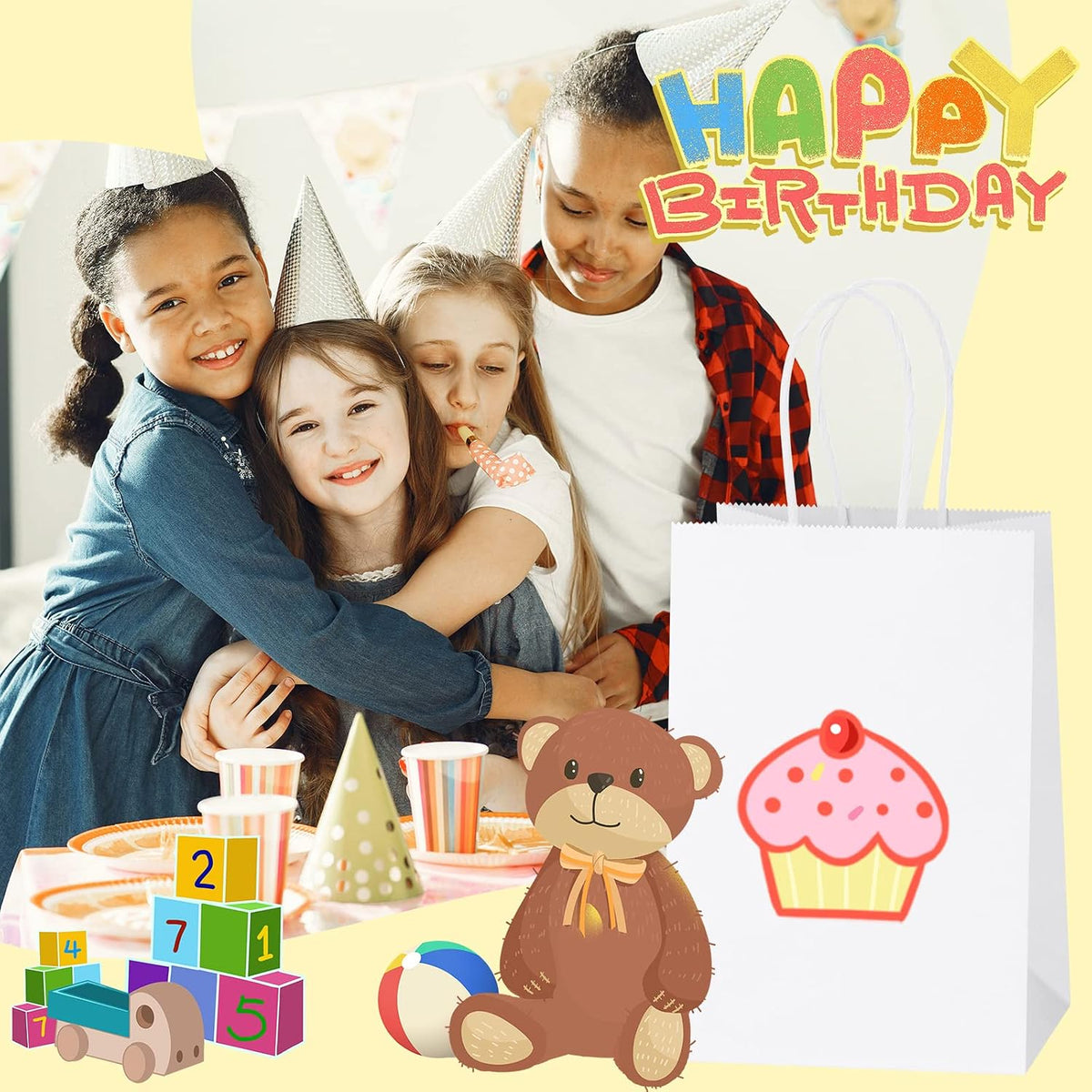 45Pcs White Paper Bags with Handles, Assorted Sizes Gift Bags Kraft