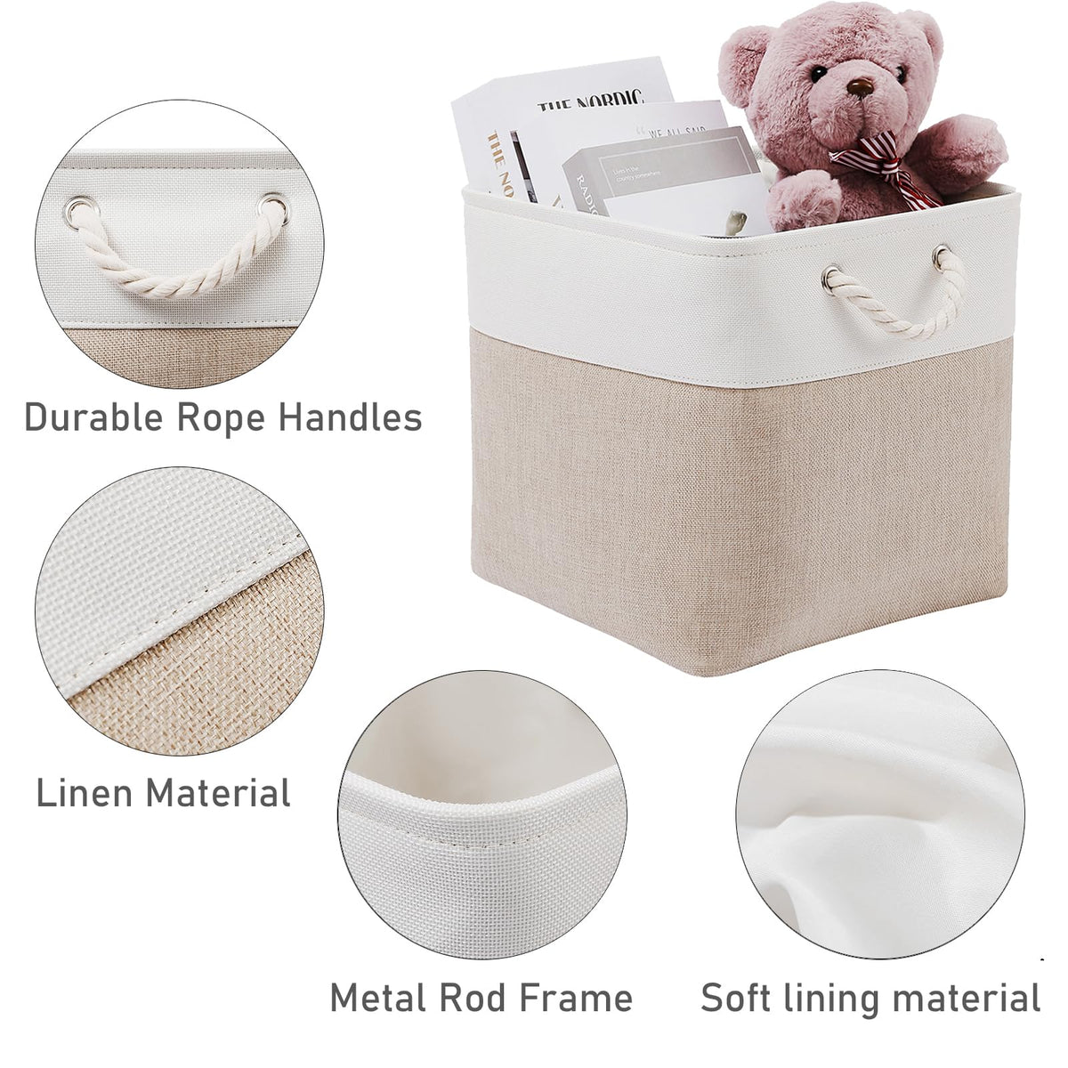 13 x 13 Inch Cube Storage Bins, 6 Pack Extra Large Collapsible Fabric Storage Bin with Ropes, Foldable Storage Cubes
