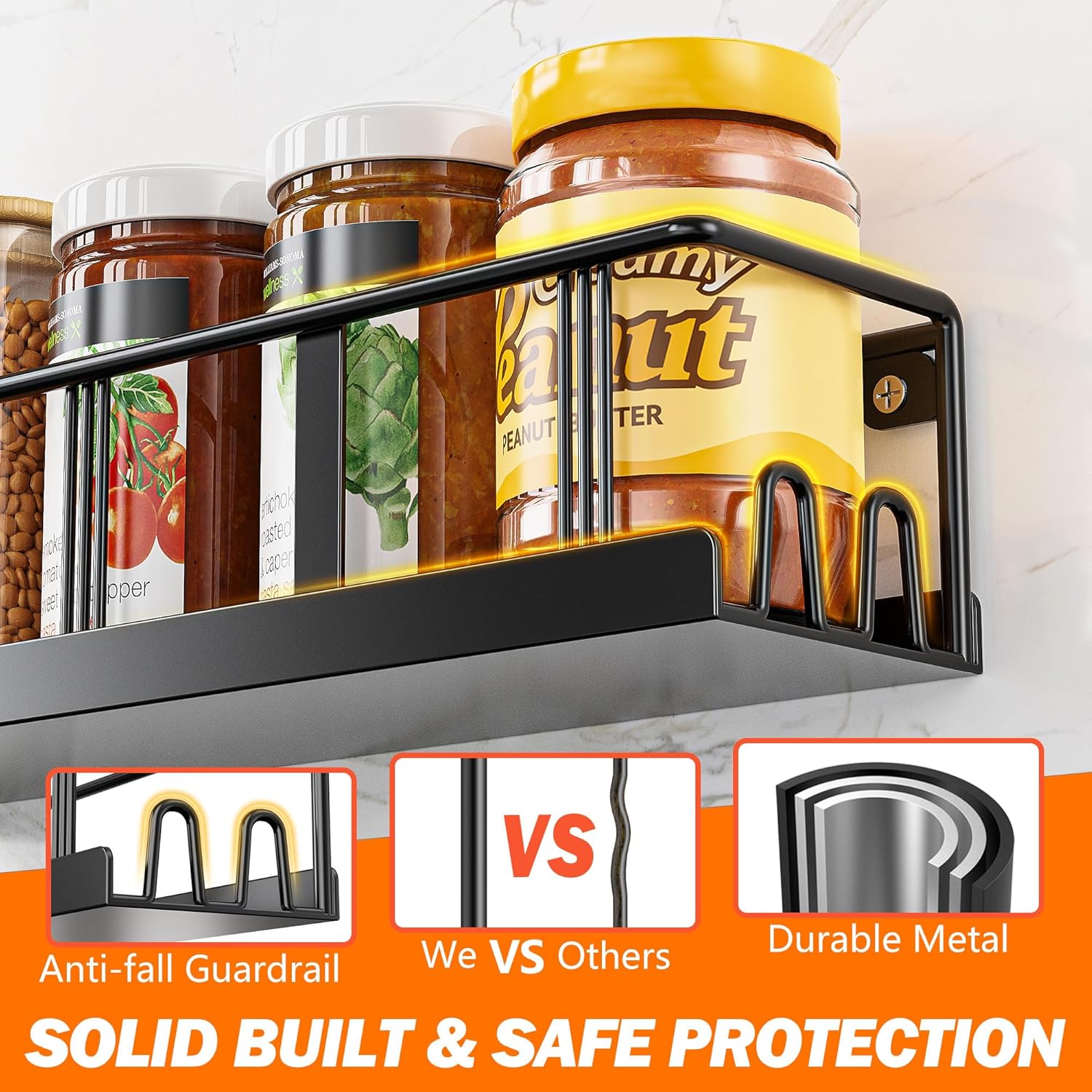 Spice Rack Wall Mounted 2 Pack,RV Spice Rack,Black | 8 Built-in Hooks,2 Versatile Sizes, Space-Saving,Flat Base