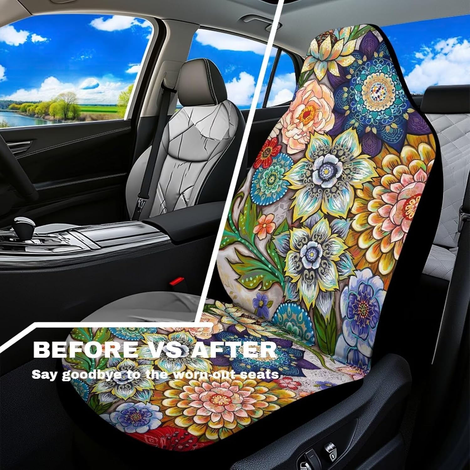 Boho Floral Front Car Seat Covers Set of 2 for Women, Universal Fit Bucket Seat Protectors for Cars, SUVs, Sedans and