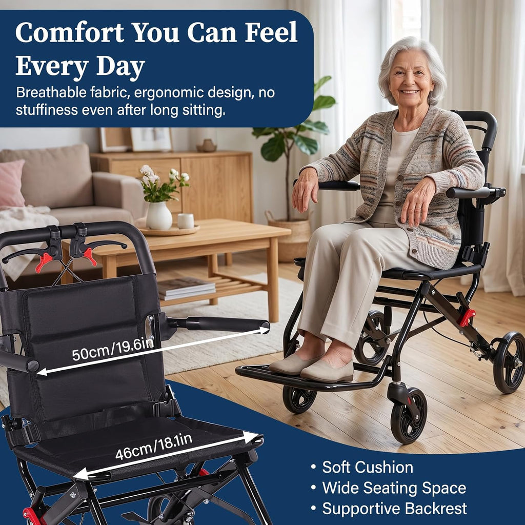 Lightweight Wheelchair with 18.1" Wide Seat, Foldable Transport Chair for Seniors & Adults, Comfortable Portable
