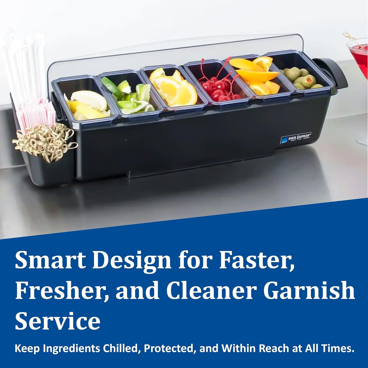 Dome Garnish Center 5 Tray with Caddies for Kitchen, Bar, And Restaurants, Plastic, 9 Pints, Black