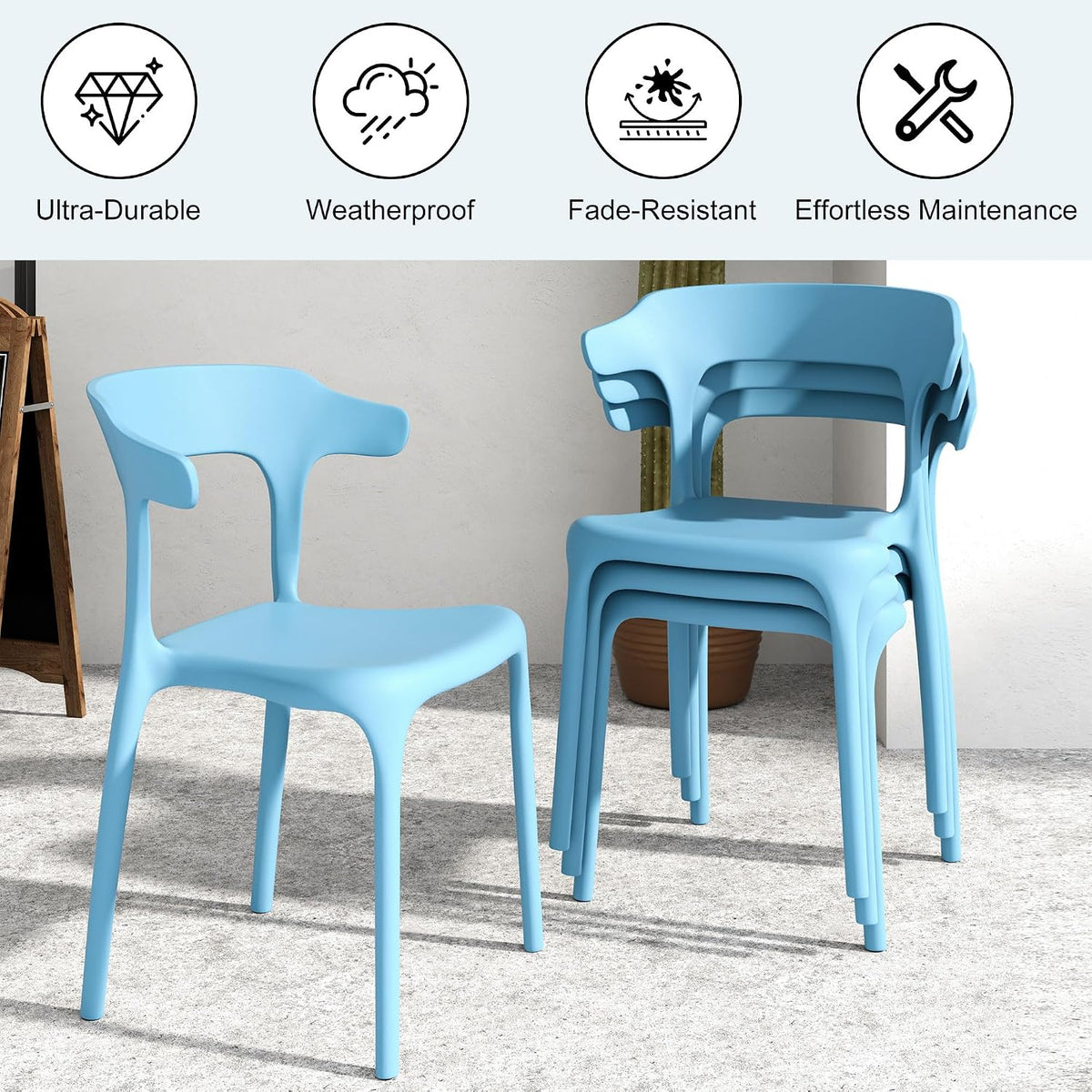 4 Pack Plastic Stacking Chairs, Stackable Dining Chairs for Kitchen Restaurant Patio, Portable Indoor Outdoor Use, No