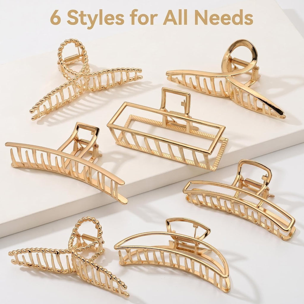 6 Pack Gold Metal Hair Clips - 4 Inch Large Jaw Clips for Women, Strong Hold Hair Claws for Thick or Thin Hair