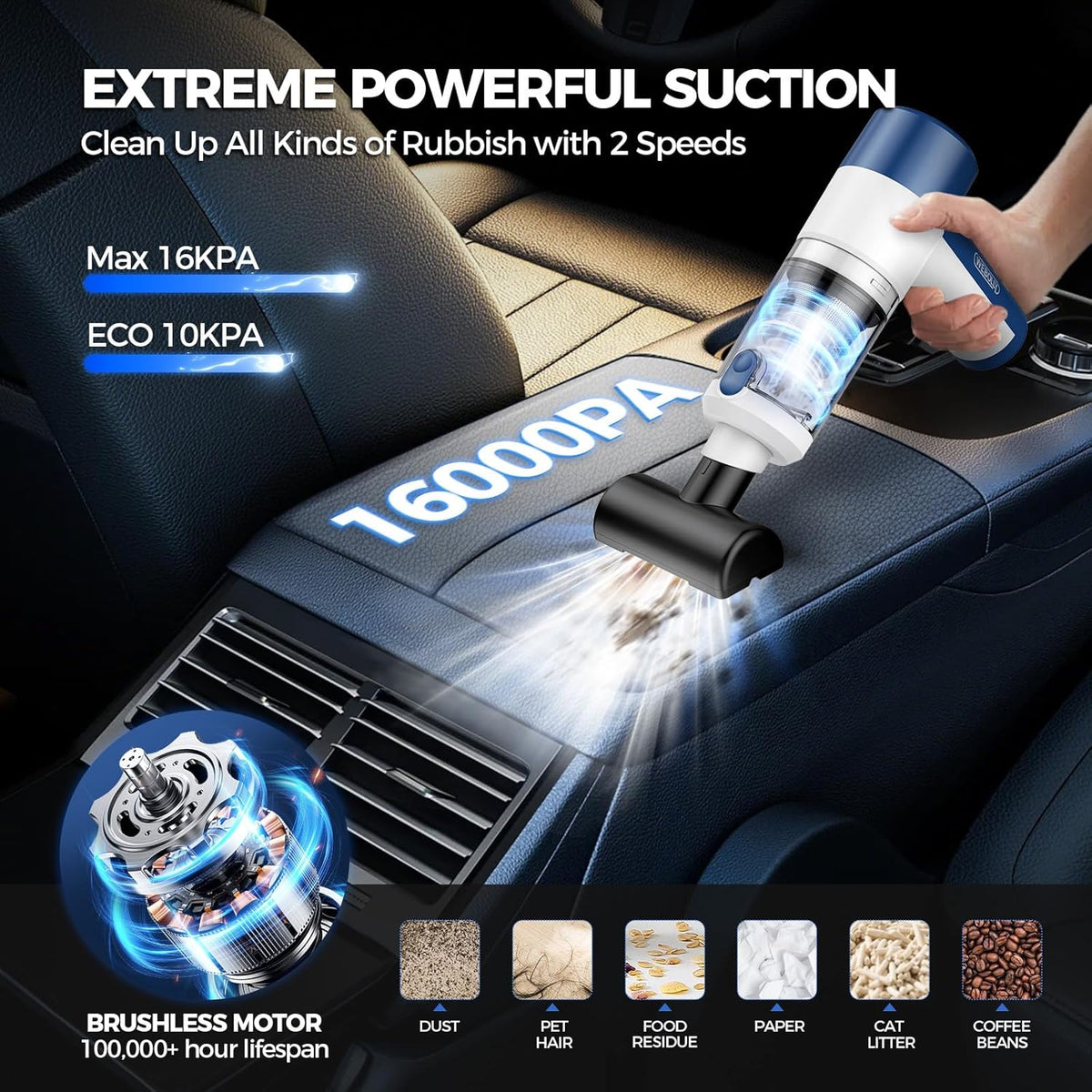 Car Vacuum/Air Duster Portable Cordless - 16000PA High Power Handheld Vacuum with 85,000RPM Brushless Motor, 4-in-1