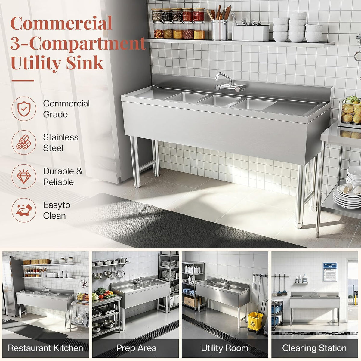 60" 3 Compartment Commercial Sink with Double Drainboards