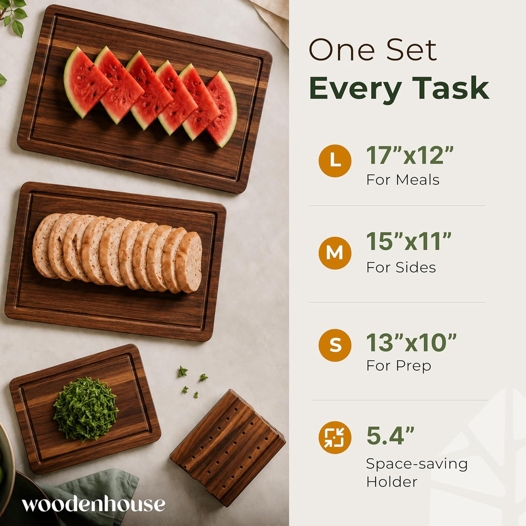Acacia Wood Cutting Board Set of 3 with Holder, Juice Grooves & Built-in Handles - Durable, Wooden Cutting Boards for