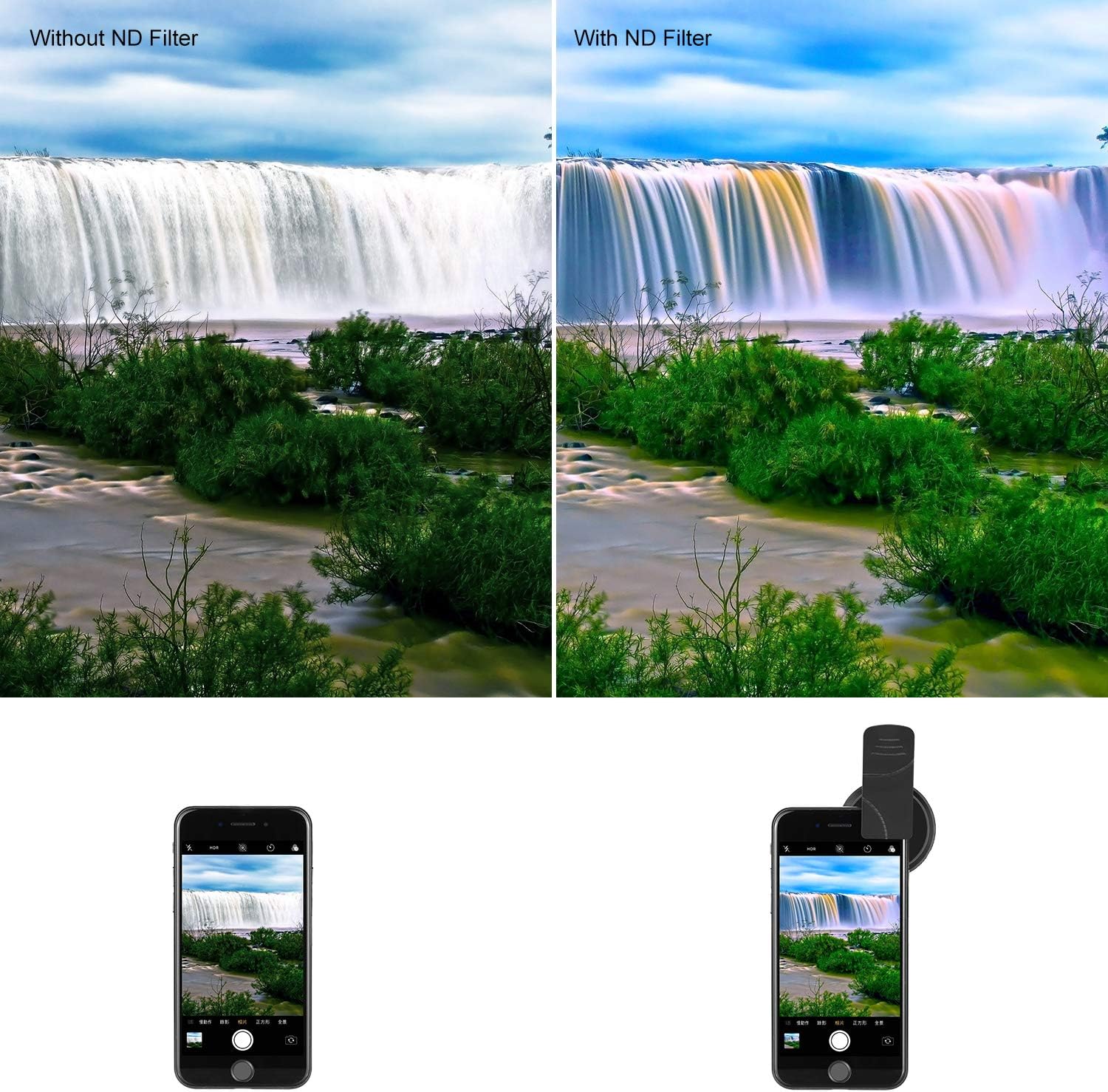 37mm Clip On ND2-ND400 Phone Lens ND Filter Kit: Variable Neutral Density Filter with Phone Clip Compatible with