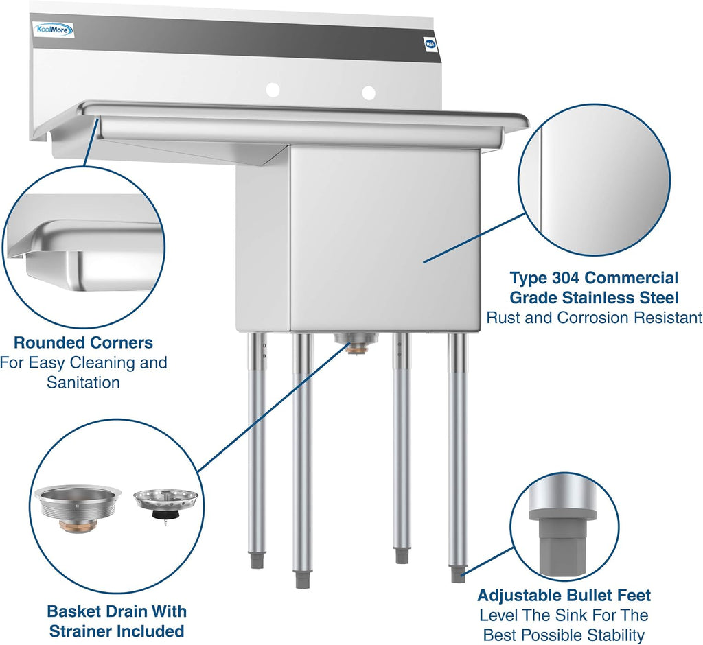 1 Compartment Stainless Steel NSF Commercial Kitchen Prep & Utility Sink with Drainboard - Bowl Size 15" x 15" x 12"