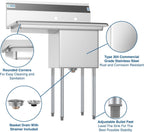 1 Compartment Stainless Steel NSF Commercial Kitchen Prep & Utility Sink with Drainboard - Bowl Size 15" x 15" x 12"