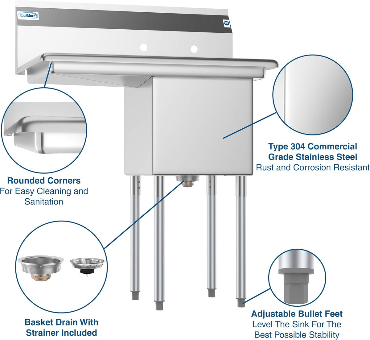 1 Compartment Stainless Steel NSF Commercial Kitchen Prep & Utility Sink with Drainboard - Bowl Size 15" x 15" x 12"