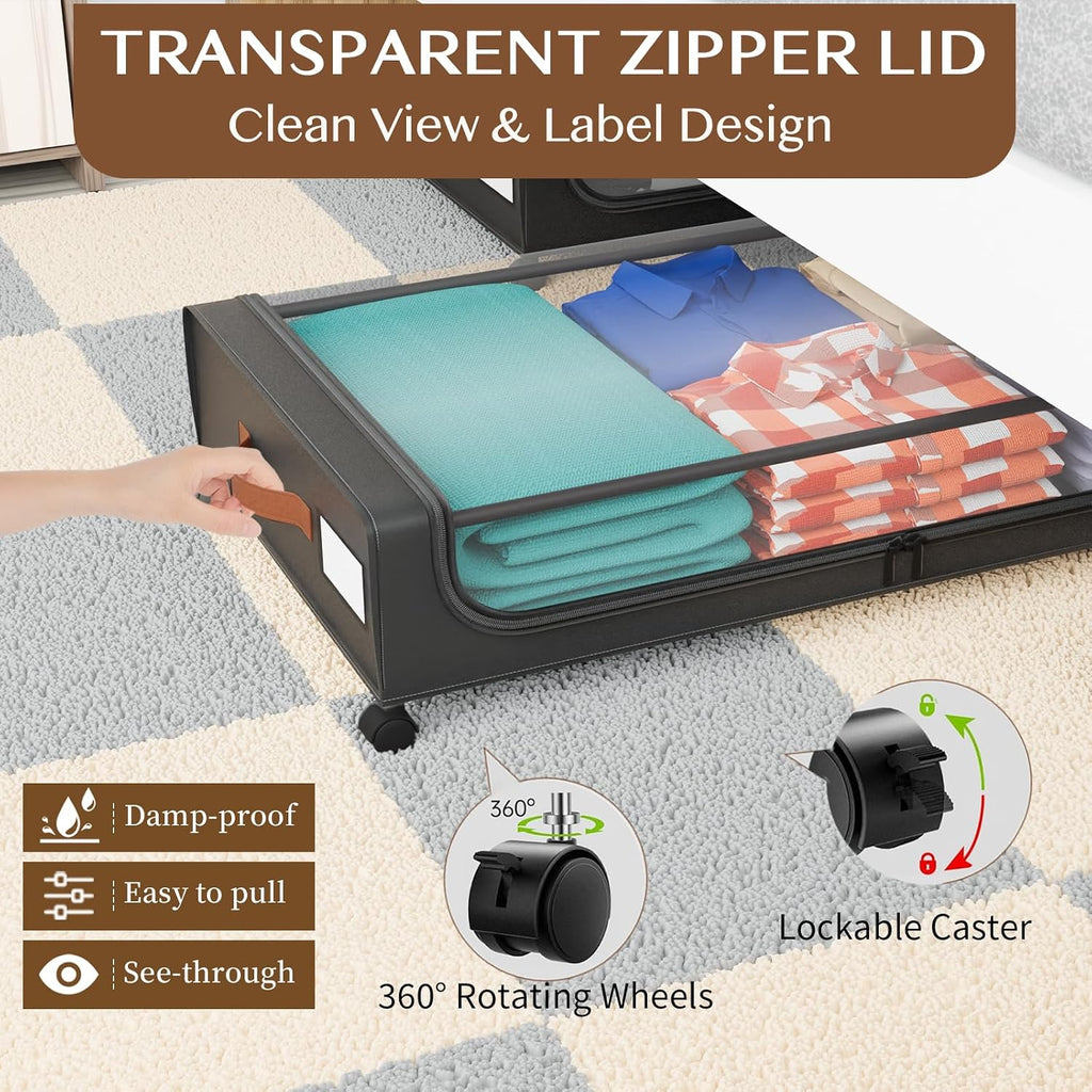 Under Bed Storage with Wheels, UnderBed Storage Containers with Clear Lid and Handles, XXL 60L Under the Bed Storage