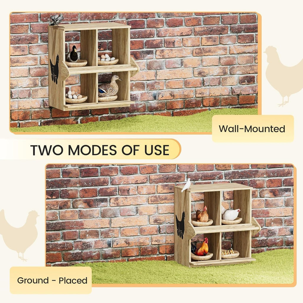 Chicken Nesting Box, 4 Compartment Wooden Nesting Boxes for Chickens with Perches, Floor/Stand/Wall Mount Large
