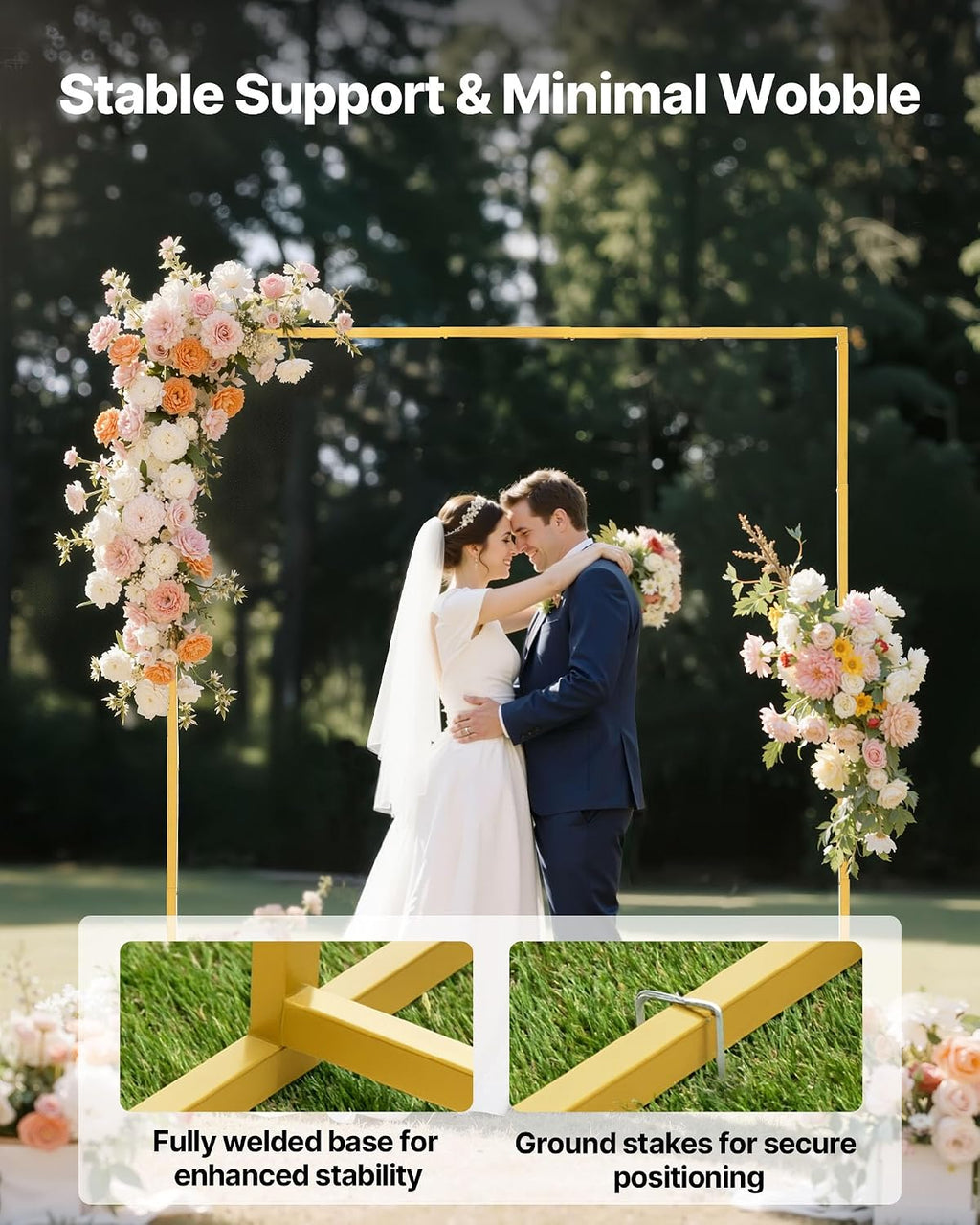 Arch Backdrop Stand, 6.6 x 6.6 ft, Stable Structure, Easy Assembly, Square Gold Metal Arch Backdrop Stand for