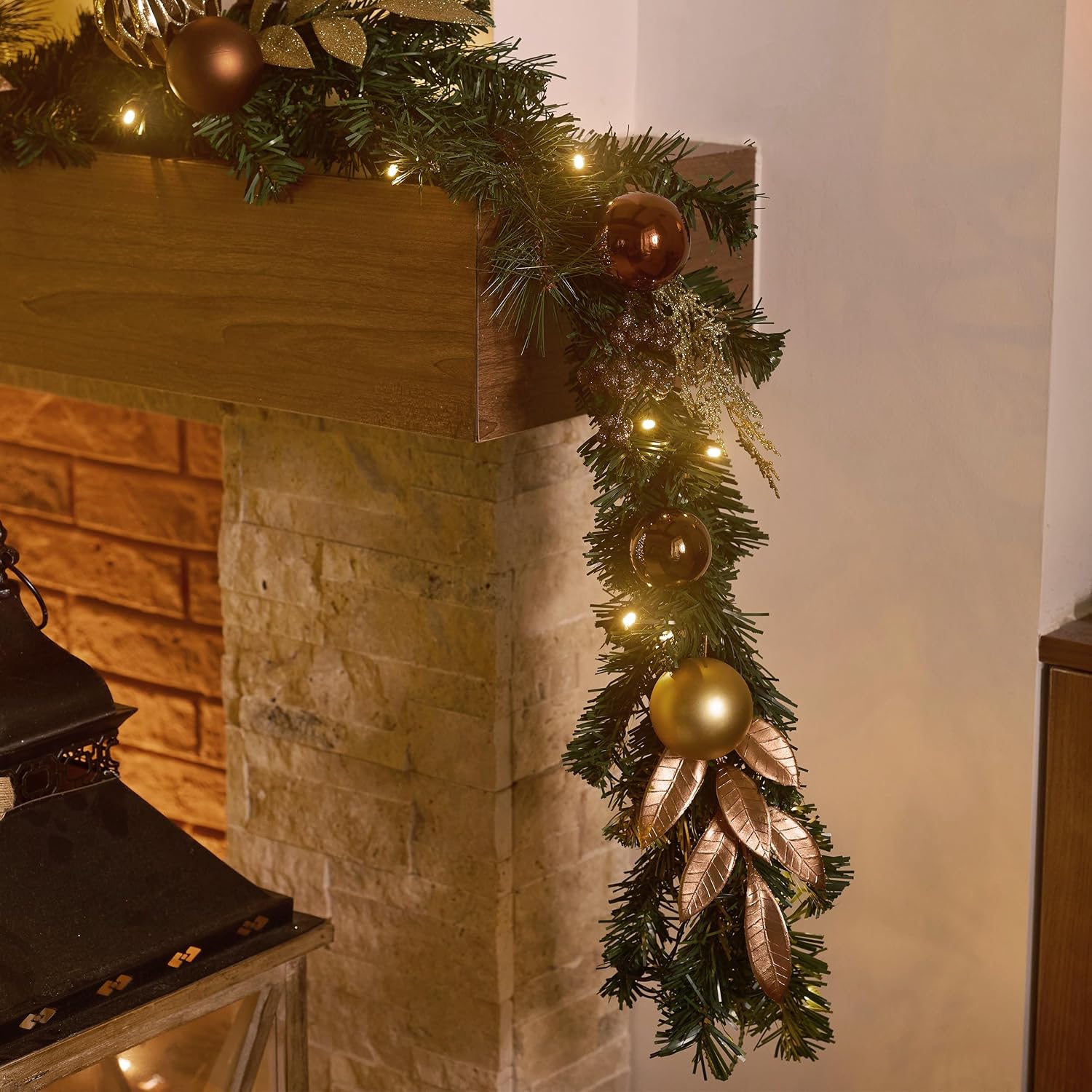 9 Ft Pre-Lit Christmas Garland with Lights for Mantle, Lighted Outdoor Xmas Garland with Copper Gold Balls Norfolk