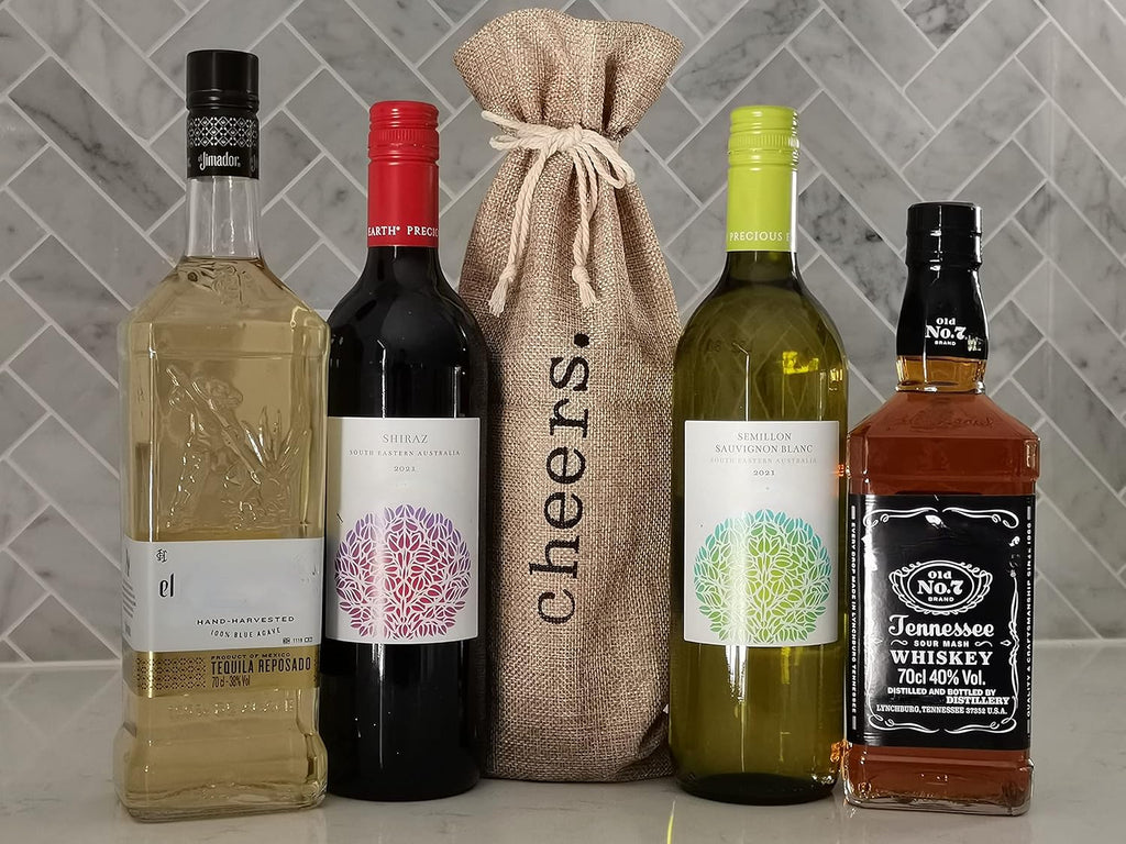 Drawstring Burlap Wine Bags, 12 Jute Wine Bottle Gift Bags, Cheers Print