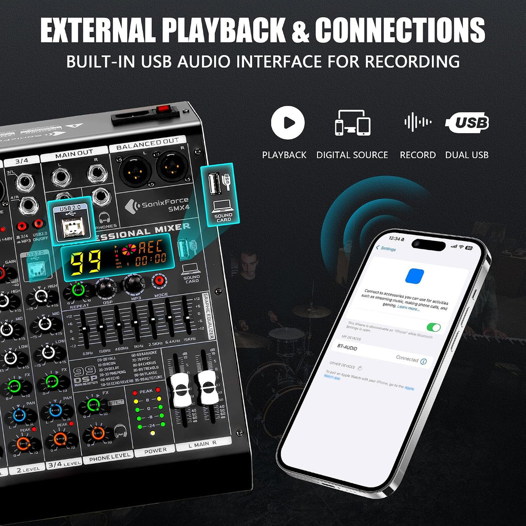 4 Channel Audio Mixer, 99 DSP Effects Sound Board Console | 4 Channel DJ Mixer for Recording & Streaming, USB Drive