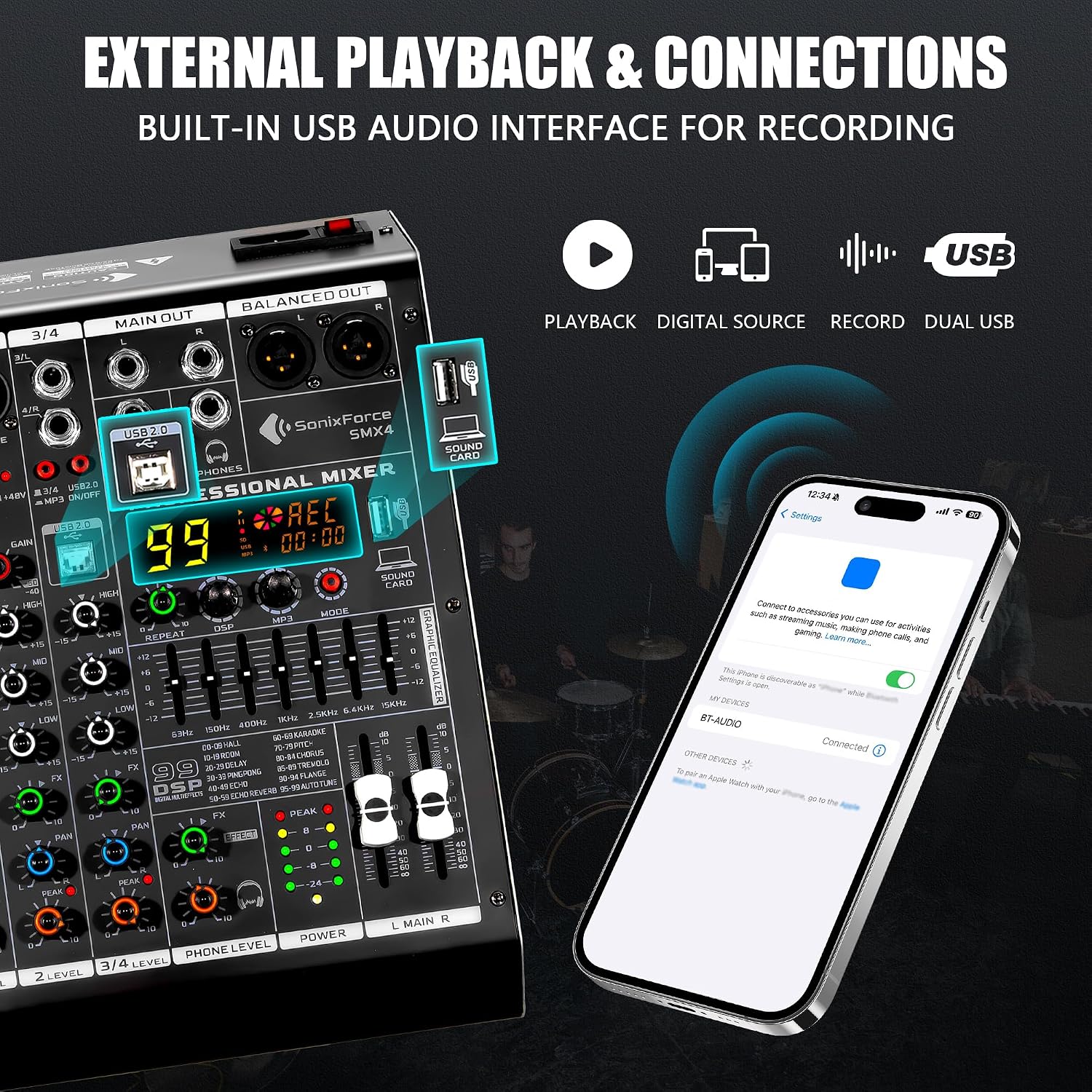 4 Channel Audio Mixer, 99 DSP Effects Sound Board Console | 4 Channel DJ Mixer for Recording & Streaming, USB Drive