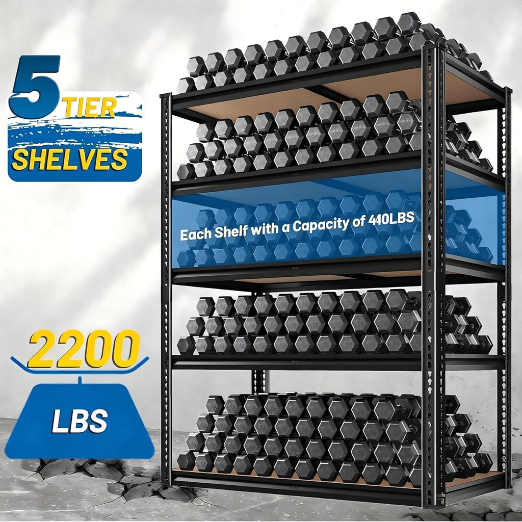 5 Tier Garage Shelving Heavy Duty,2200LBS Adjustable Storage Shelves Metal Utility Rack,Garage Storage Shelves,Black