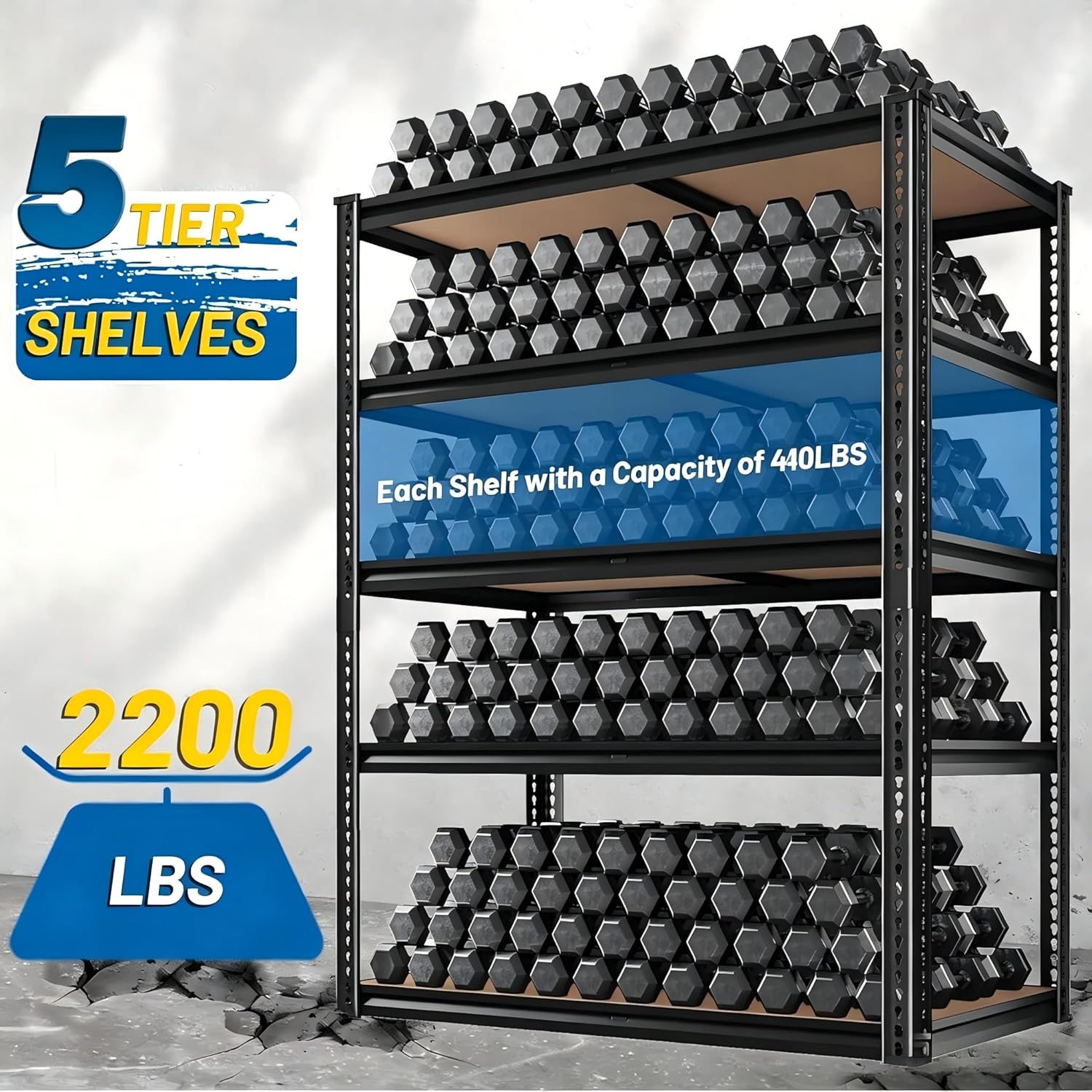 5 Tier Garage Shelving Heavy Duty,2200LBS Adjustable Storage Shelves Metal Utility Rack,Garage Storage Shelves,Black