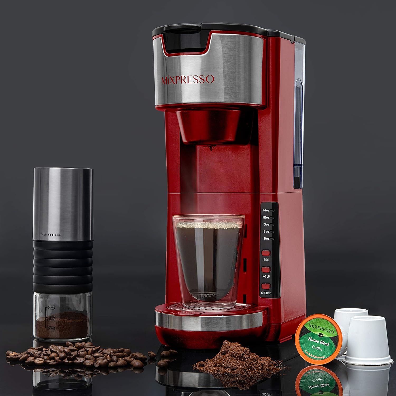Red Single Serve Coffee Brewer K-Cup Pods Compatible & Ground | 30 oz Compact Coffee Maker Single Serve With 5 Brew
