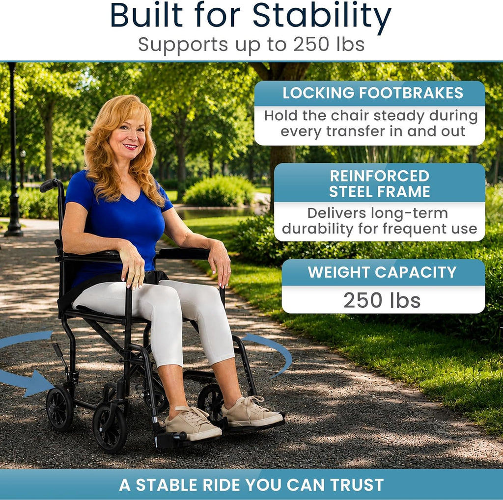 Vive Lightweight Transport Wheelchair for Seniors - Portable, Folding, 19''